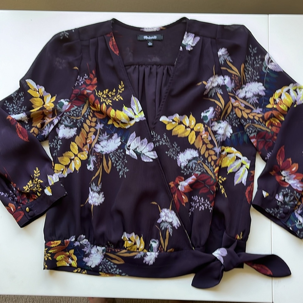 Madewell Floral Wrap Top - Dark Plum, Yellow, White
